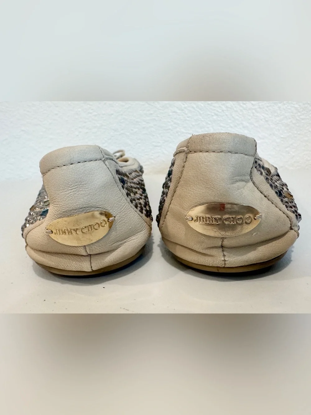 Jimmy Choo Wray Crystal Studded Leather Ballet Flats Bow Cream Gold EU 37 US 7